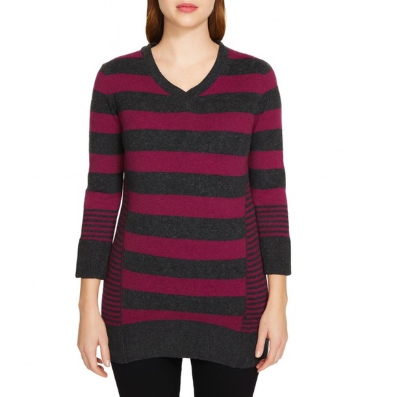 Halogen sweater women's burgundy gray back zip up striped 100% Merino Wool SZ SM - Picture 1 of 11